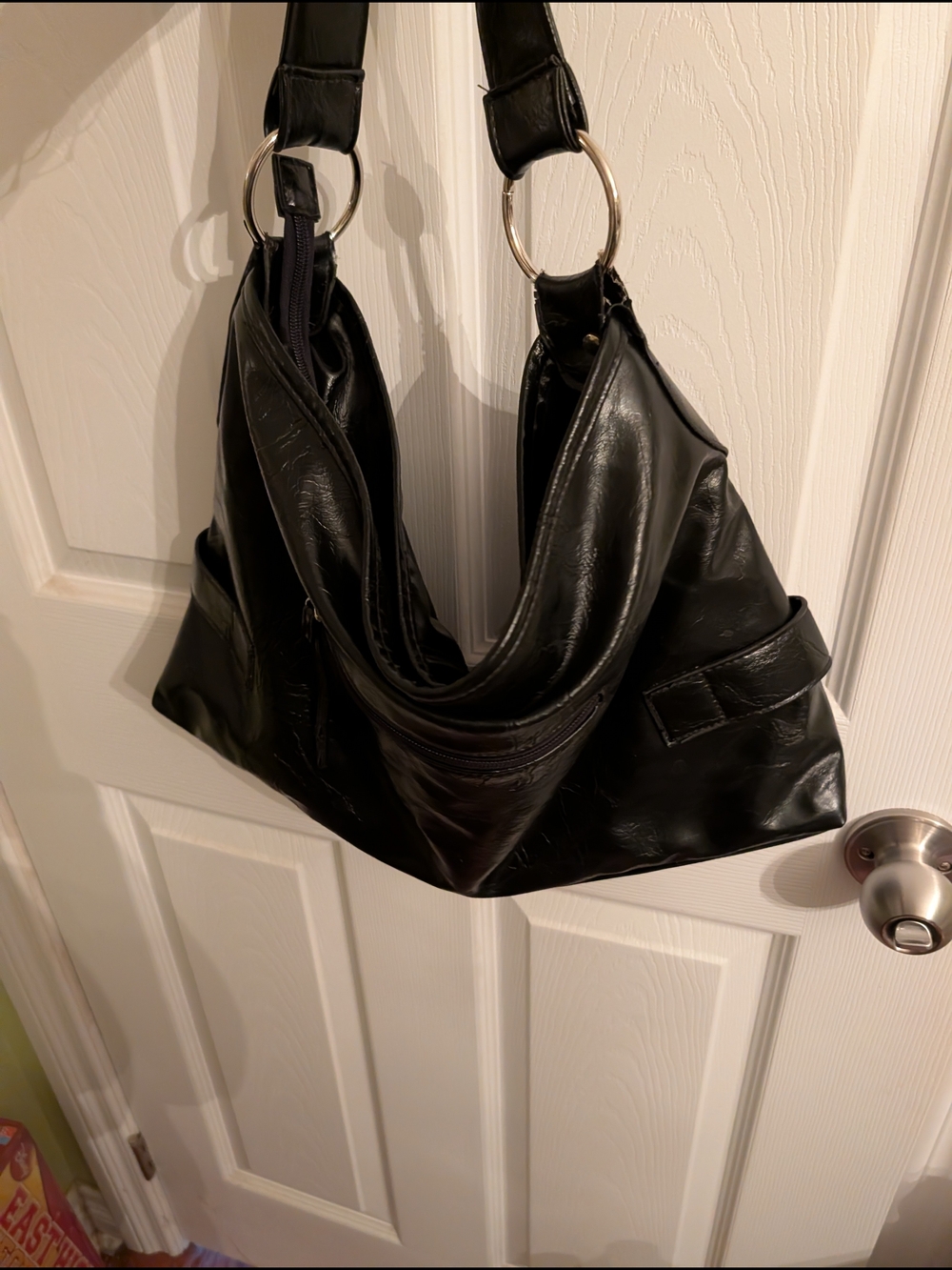 Vintage Jessica Black Faux Leather Shoulder Bag with Silver Rings